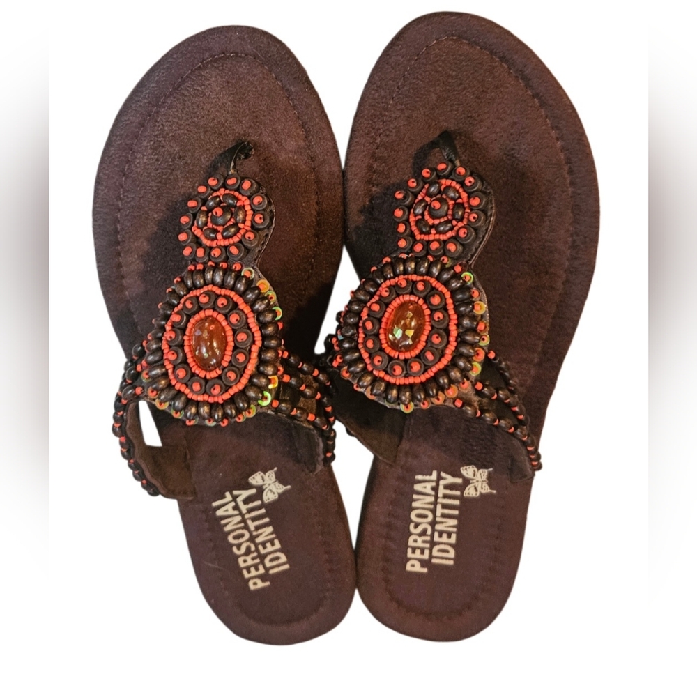 Personal Identity Brown Beaded Slip On Sandals Size 7 EUC